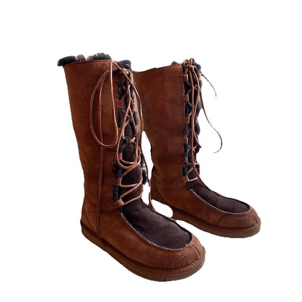 UGG Whitley Moccasin Tie Chestnut Brown Tall Suede Leather Boots Sz. 7 S/N 5230 - Picture 3 of 13